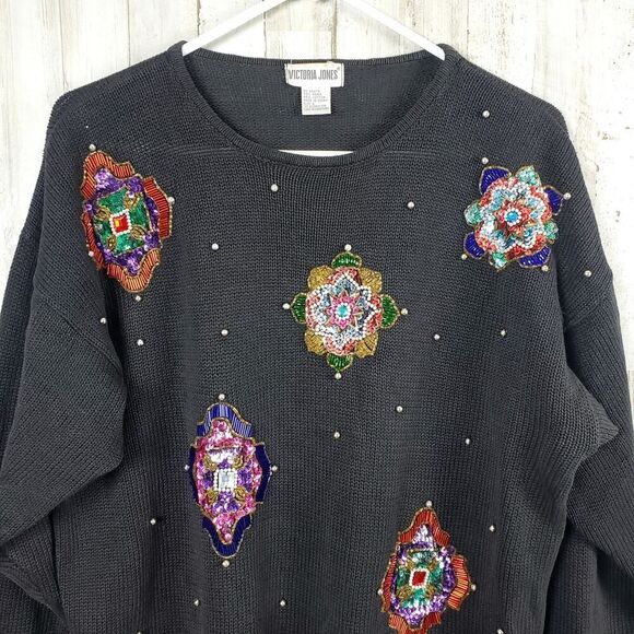 Vintage Victoria Jones Bead Embellished Sweater Black Size Large - Picture 4 of 12